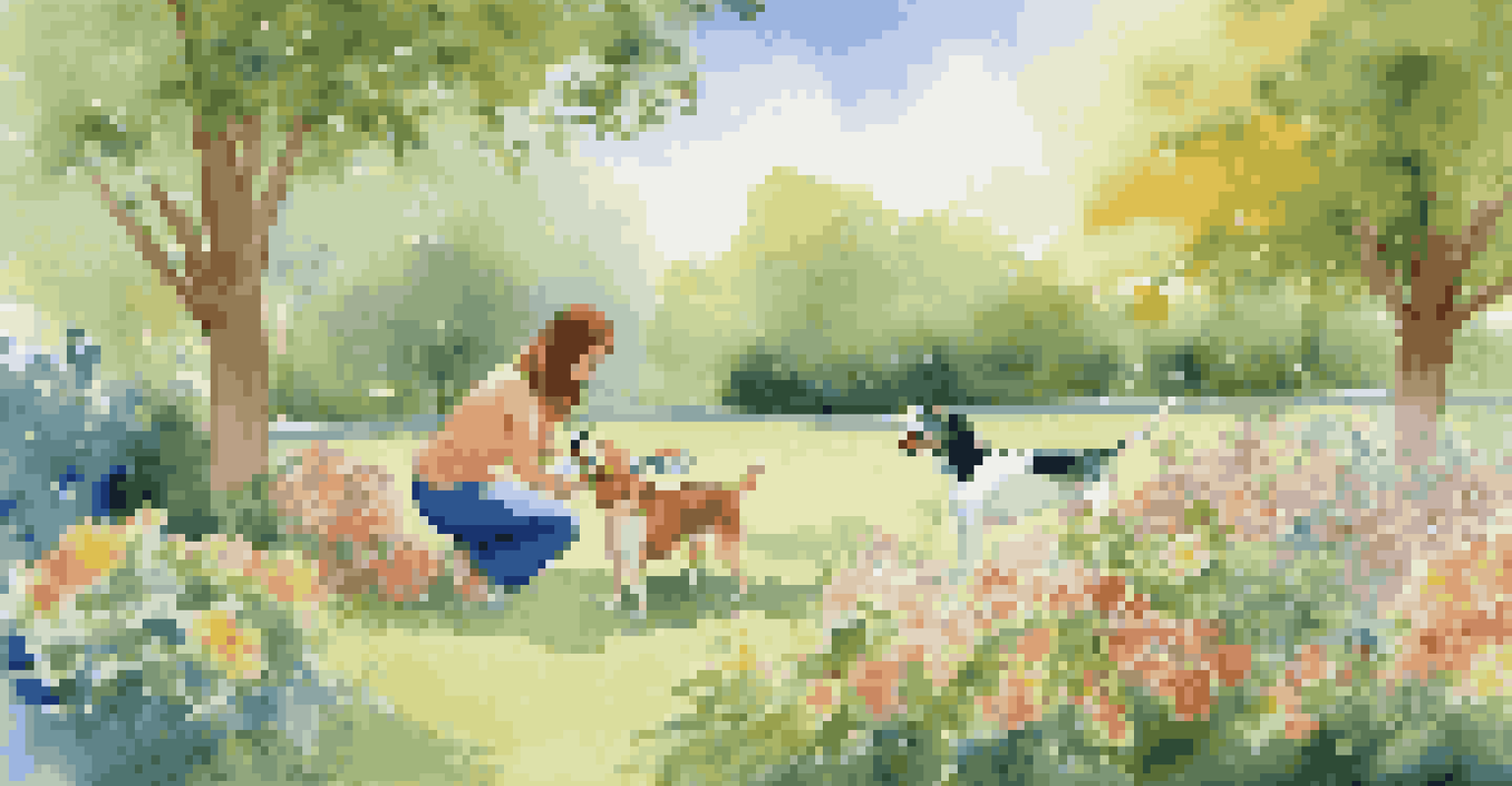 A woman prepares a fresh meal for her beagle in a vibrant park, with colorful flowers and trees surrounding them under a clear blue sky.