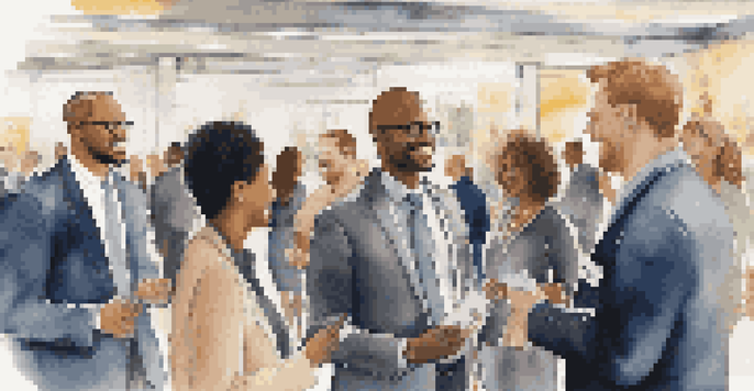 A vibrant networking event with diverse professionals interacting and exchanging ideas in a well-decorated environment.