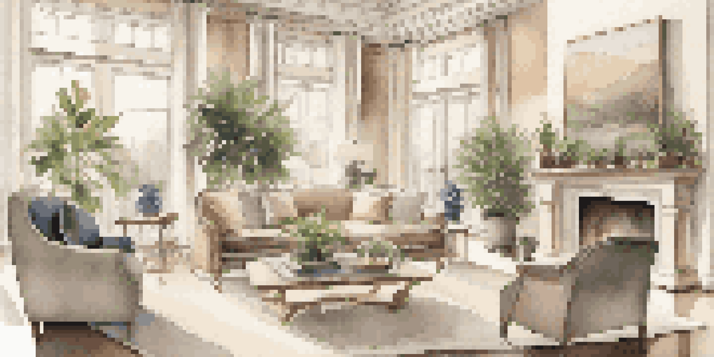 A spacious and elegant living room with large windows, stylish furniture, and an indoor plant, creating a warm atmosphere.