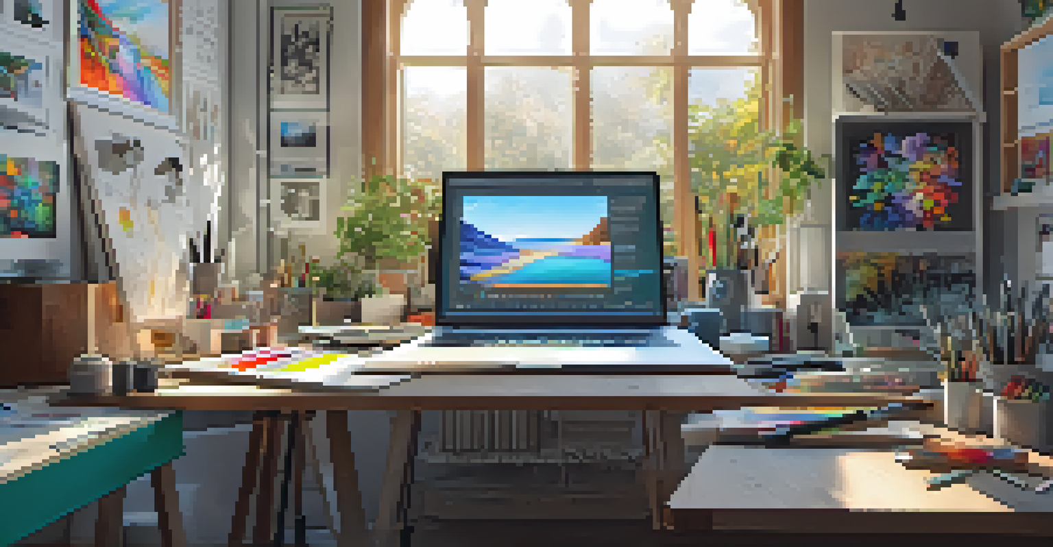 A bright artist's workspace with a digital tablet, computer screen showing vibrant art, and sketches scattered around.