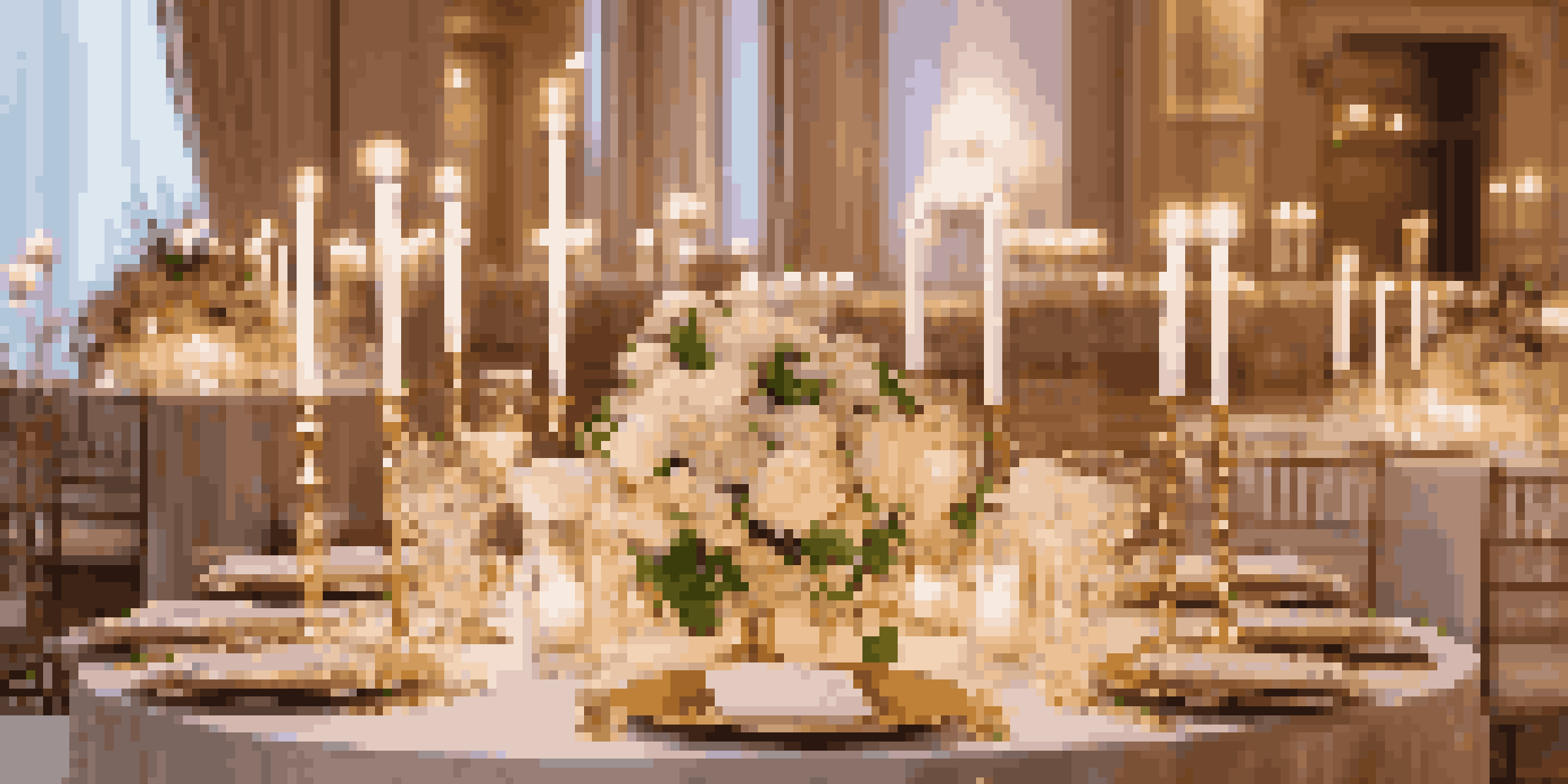 A romantic wedding table setting with white and gold decor, floral arrangements, and candlelight.