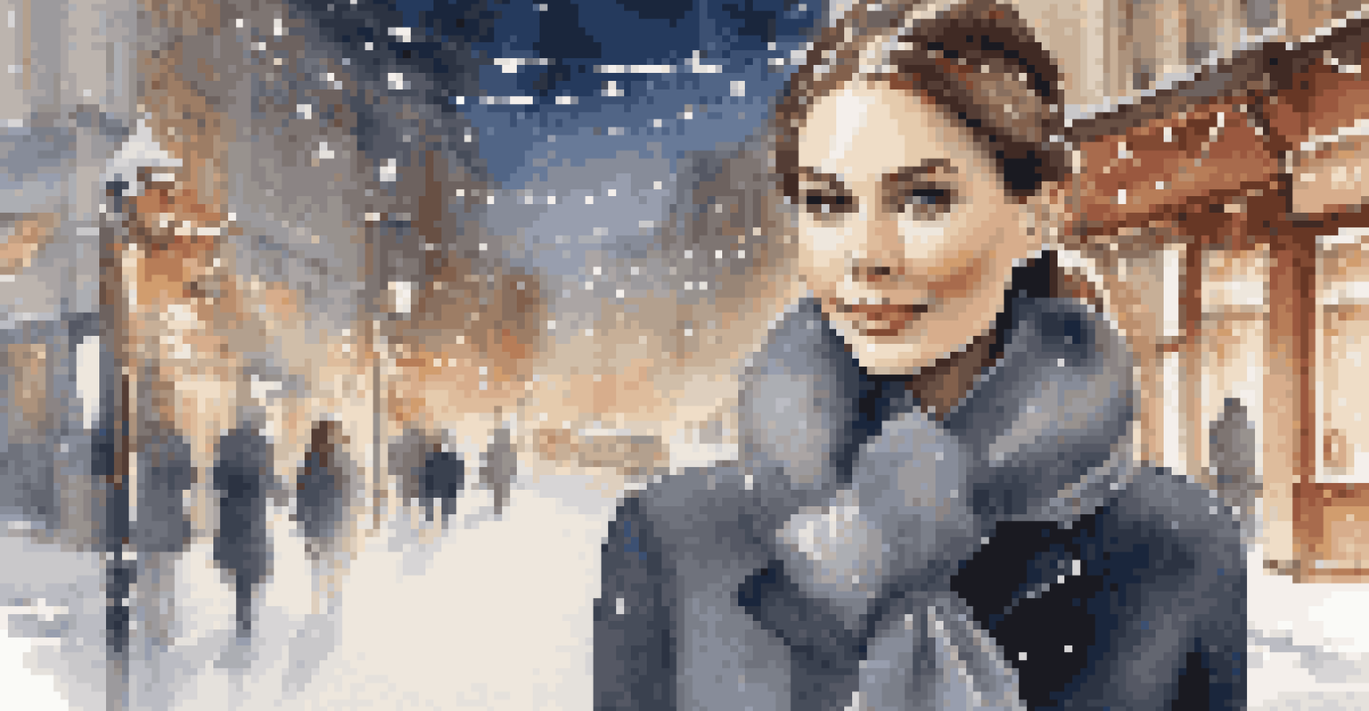 A woman with straight hair in a polished ponytail, dressed elegantly for winter, standing in front of a holiday backdrop with sparkling lights and snow.
