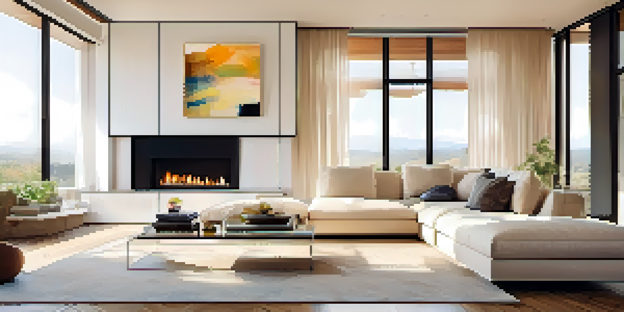 A modern living room with a cream sofa, glass coffee table, and abstract painting, illuminated by natural light.