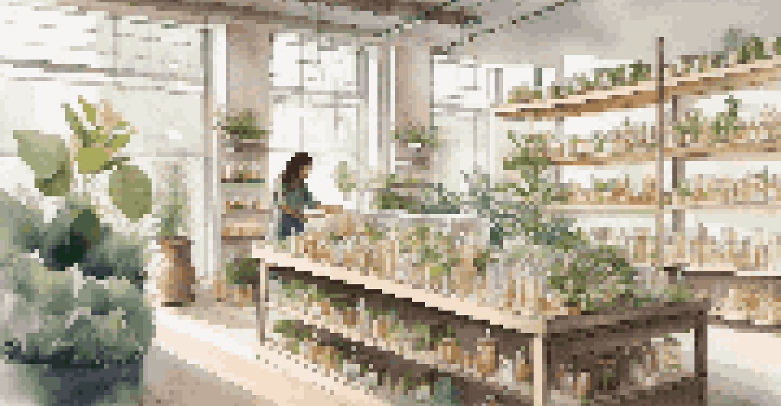 An eco-friendly perfume studio with natural light, sustainable ingredients on shelves, and an artisan creating a fragrance, surrounded by plants.