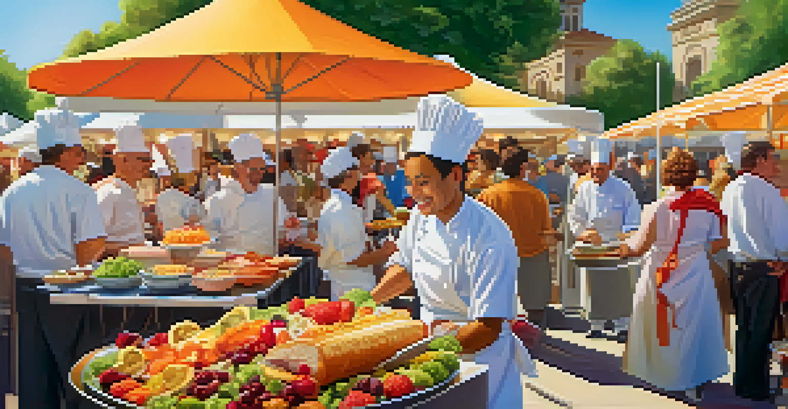 A lively gourmet food festival with chefs preparing dishes and attendees sampling food, surrounded by colorful stalls and decorations.