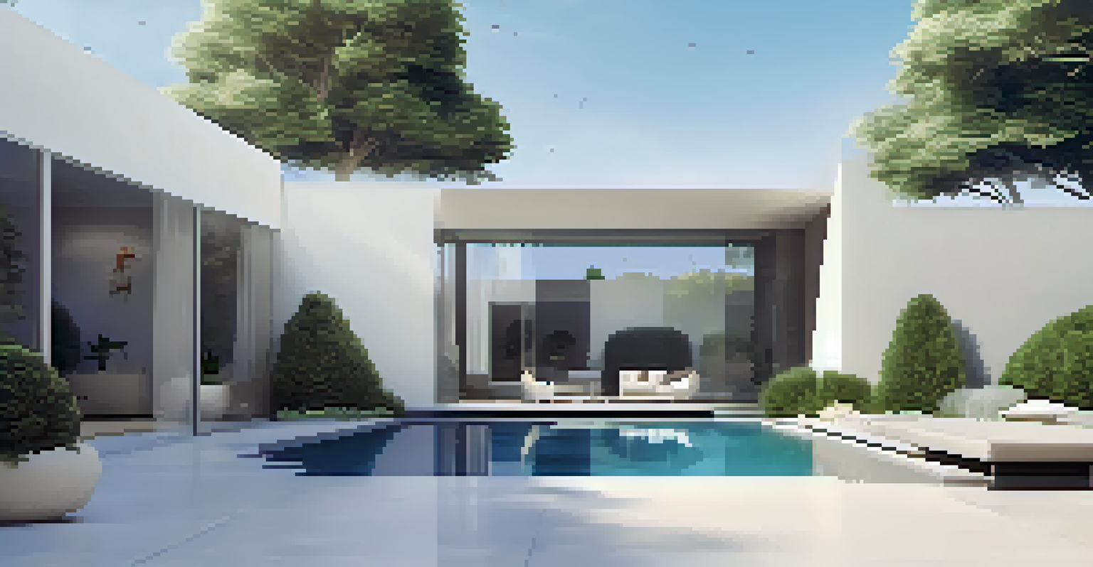 A sleek modern garden with geometric shapes, an elegant water feature, and minimalist design, featuring a bright blue sky and polished concrete patio.