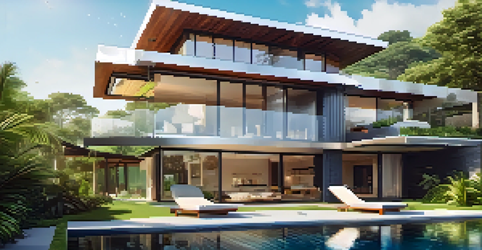 A modern luxury home featuring solar panels on the roof, with an infinity pool and greenery around it on a sunny day.