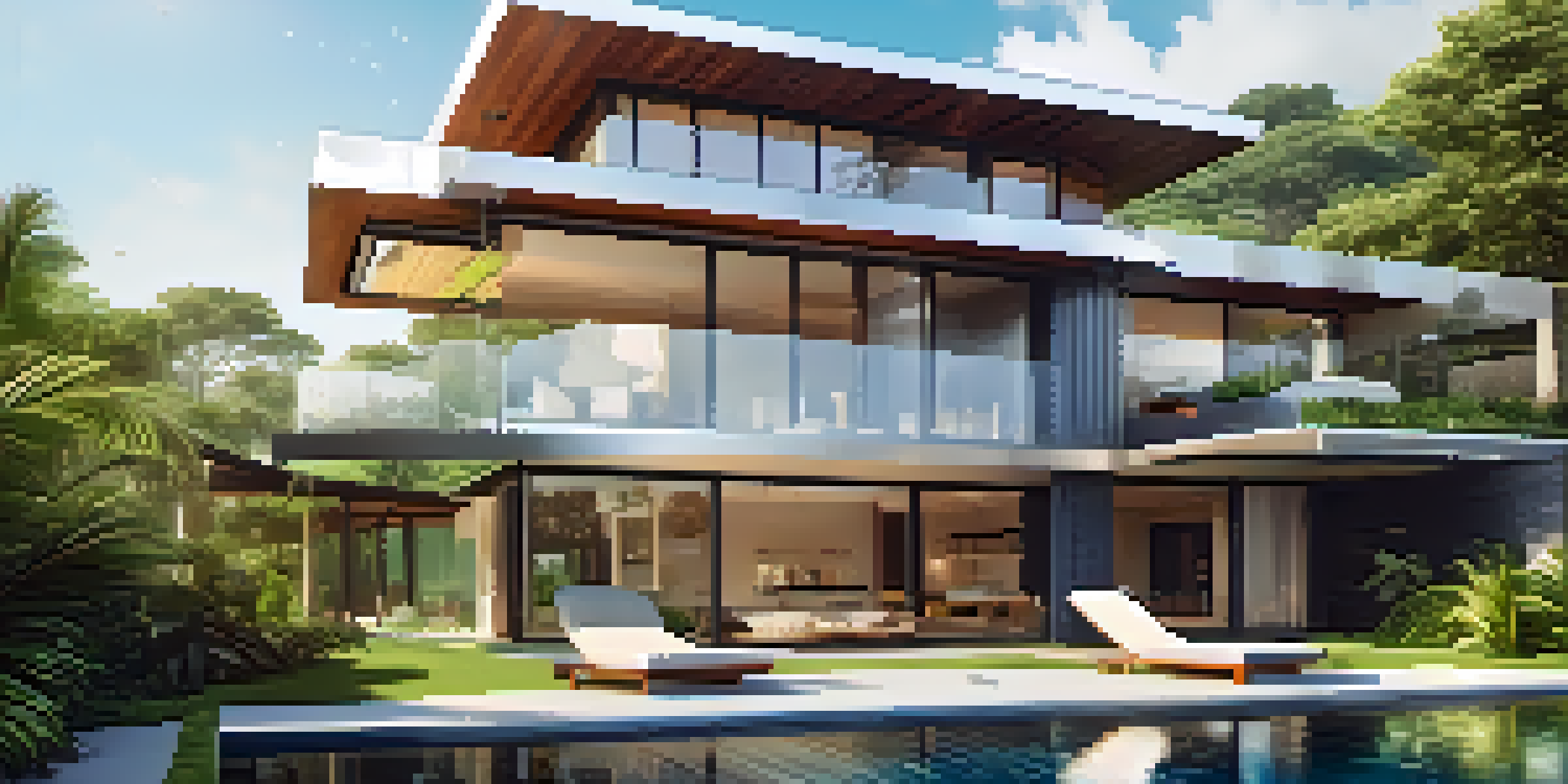 A modern luxury home featuring solar panels on the roof, with an infinity pool and greenery around it on a sunny day.
