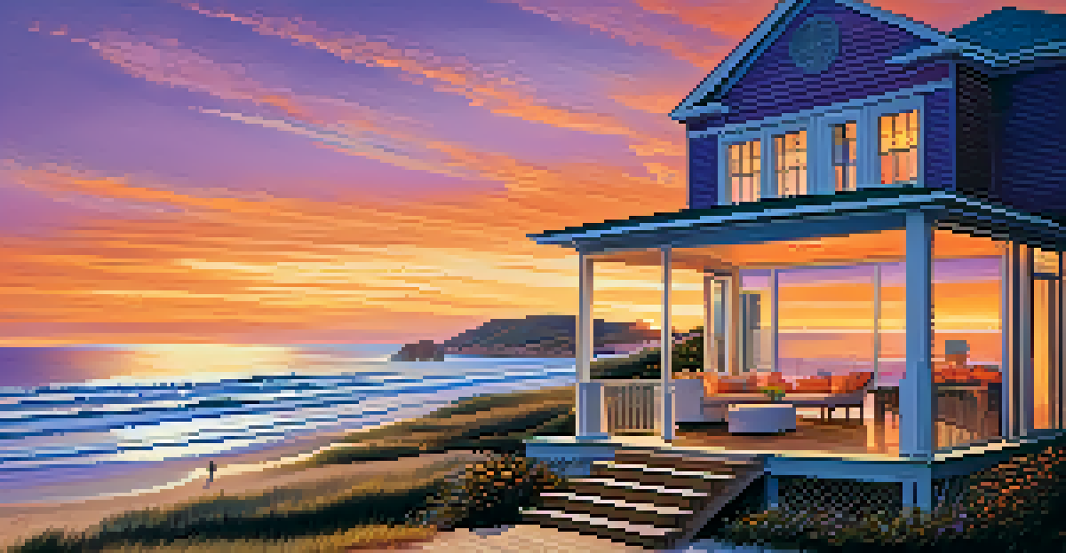 An oceanfront beach house at sunset with vibrant skies and waves on the shore.