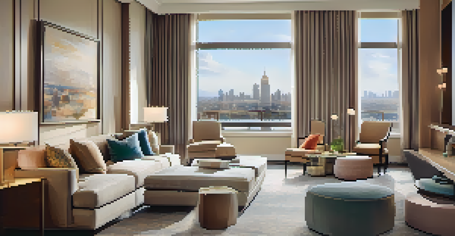 A spacious and luxurious family suite in a hotel, complete with a cozy atmosphere and a view of the city.