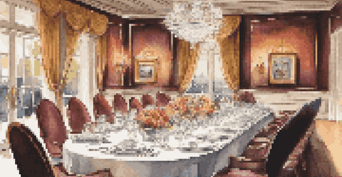 A beautifully set dining table in a luxurious room, featuring fine china, crystal glassware, and a gourmet meal being served.