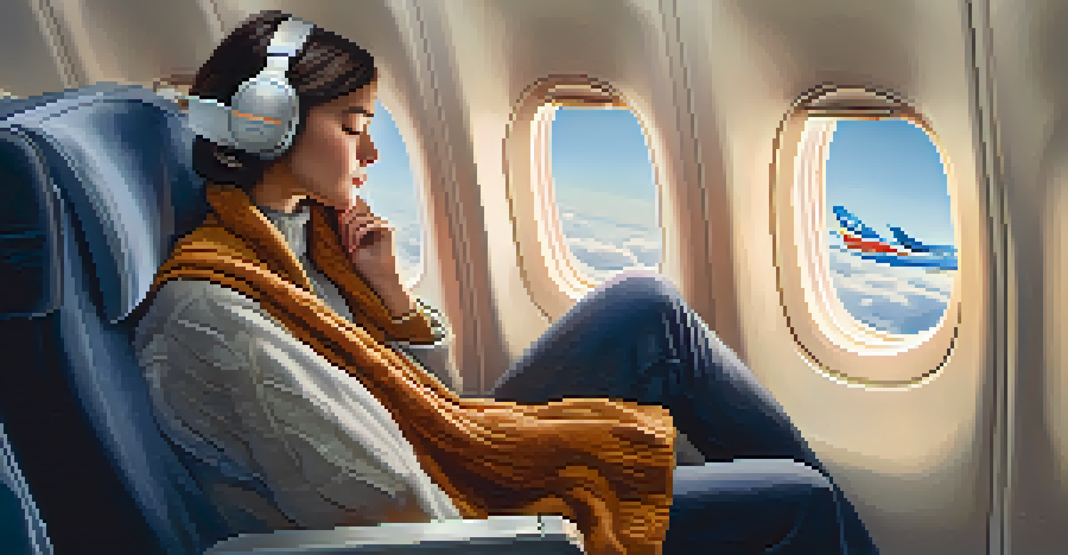 A traveler relaxing on a plane with a neck pillow and blanket, surrounded by soft airplane cabin lighting and clouds outside the window.