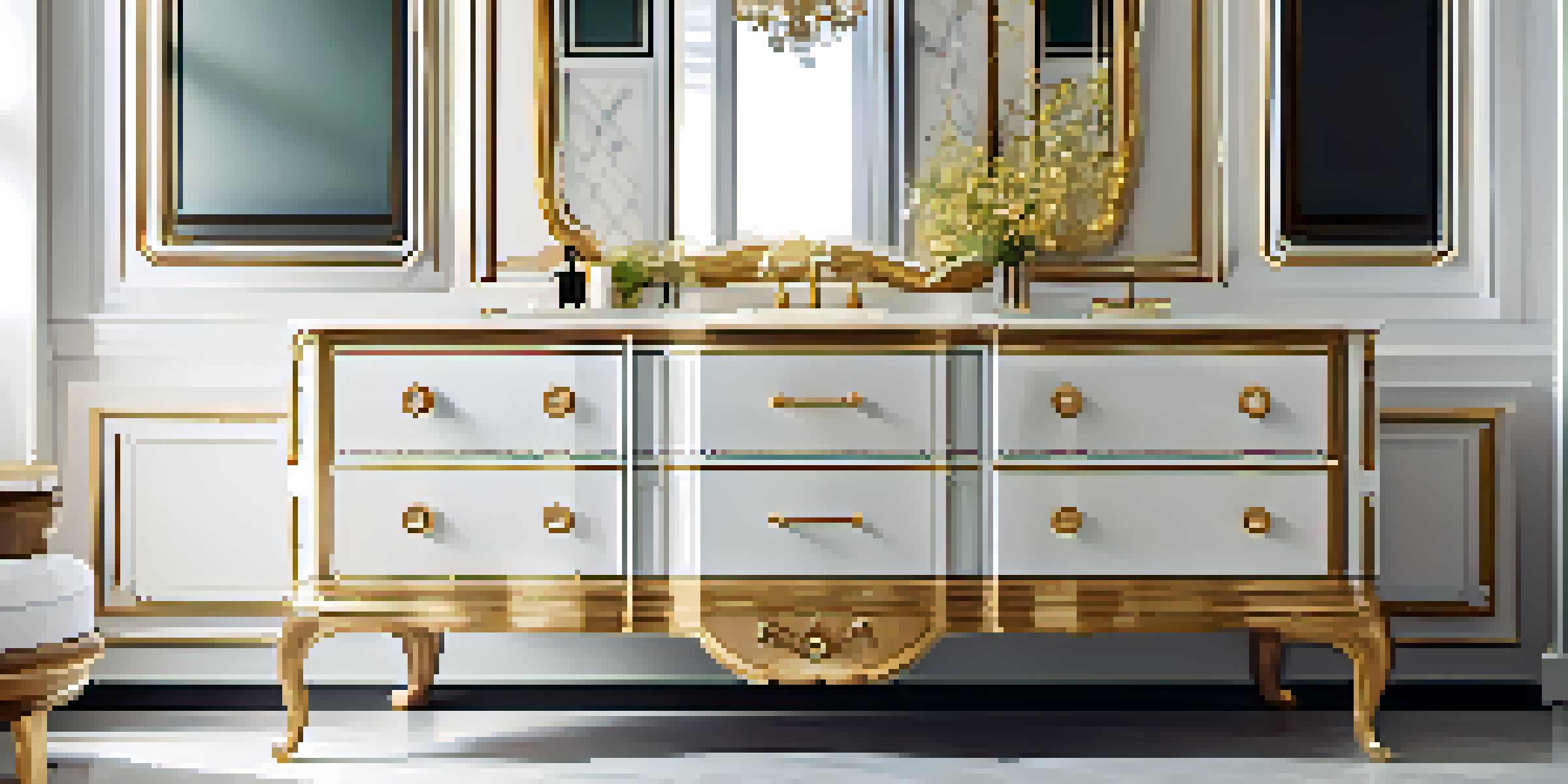 A vintage dresser converted into a stylish bathroom vanity with gold fixtures, illuminated by natural light.