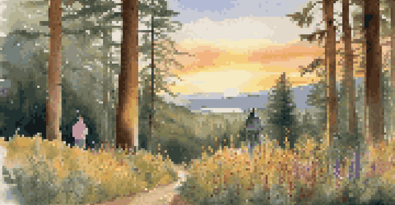 Participants on a guided nature walk at a luxury retreat, surrounded by tall trees and colorful wildflowers during sunset.