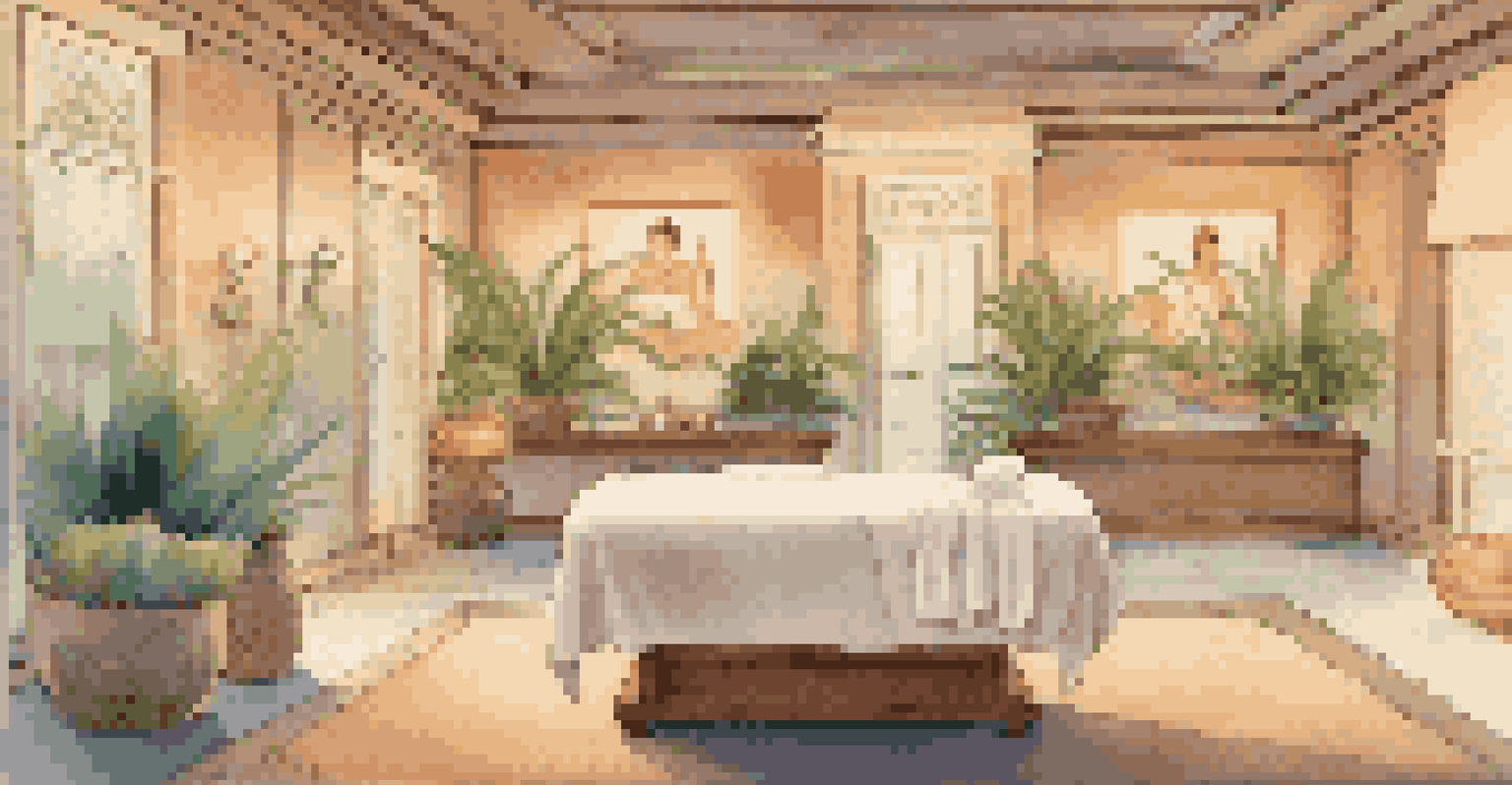An elegant spa room with ambient lighting, a massage table, candles, and a calming water feature.