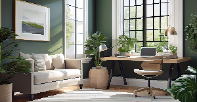 A bright and serene home office with a large window, stylish desk, comfortable chair, and green plants, embodying a calming workspace.
