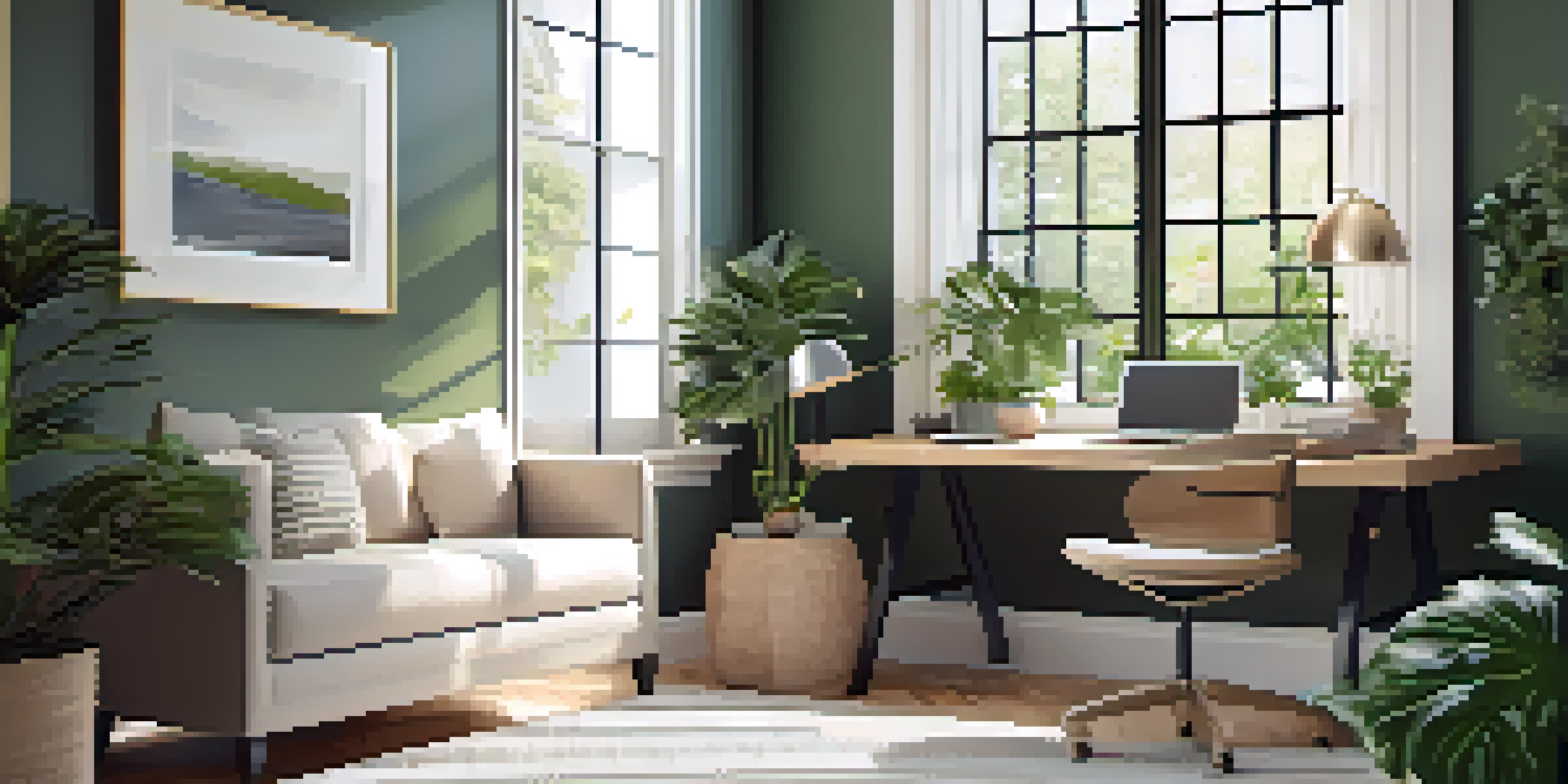 A bright and serene home office with a large window, stylish desk, comfortable chair, and green plants, embodying a calming workspace.