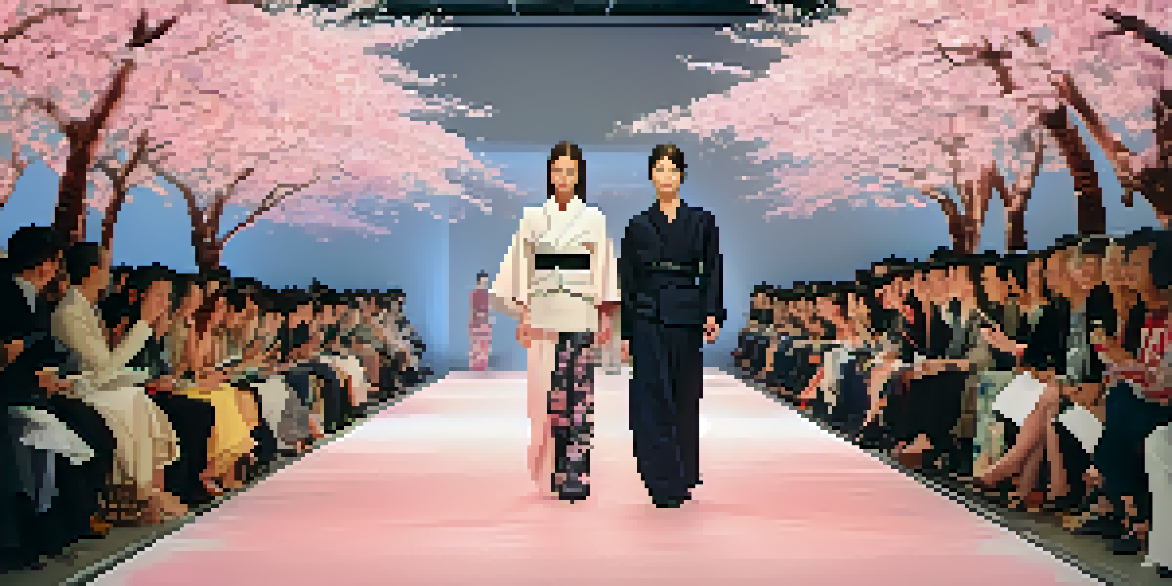 Models on a runway wearing modern garments inspired by traditional Japanese kimonos, surrounded by cherry blossom trees.