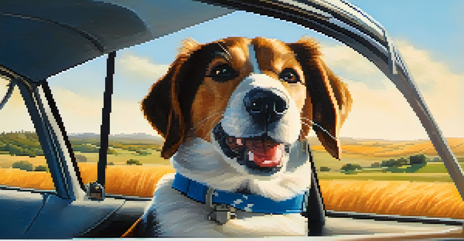 A joyful dog secured in a car for a road trip, with beautiful scenery visible outside the window.