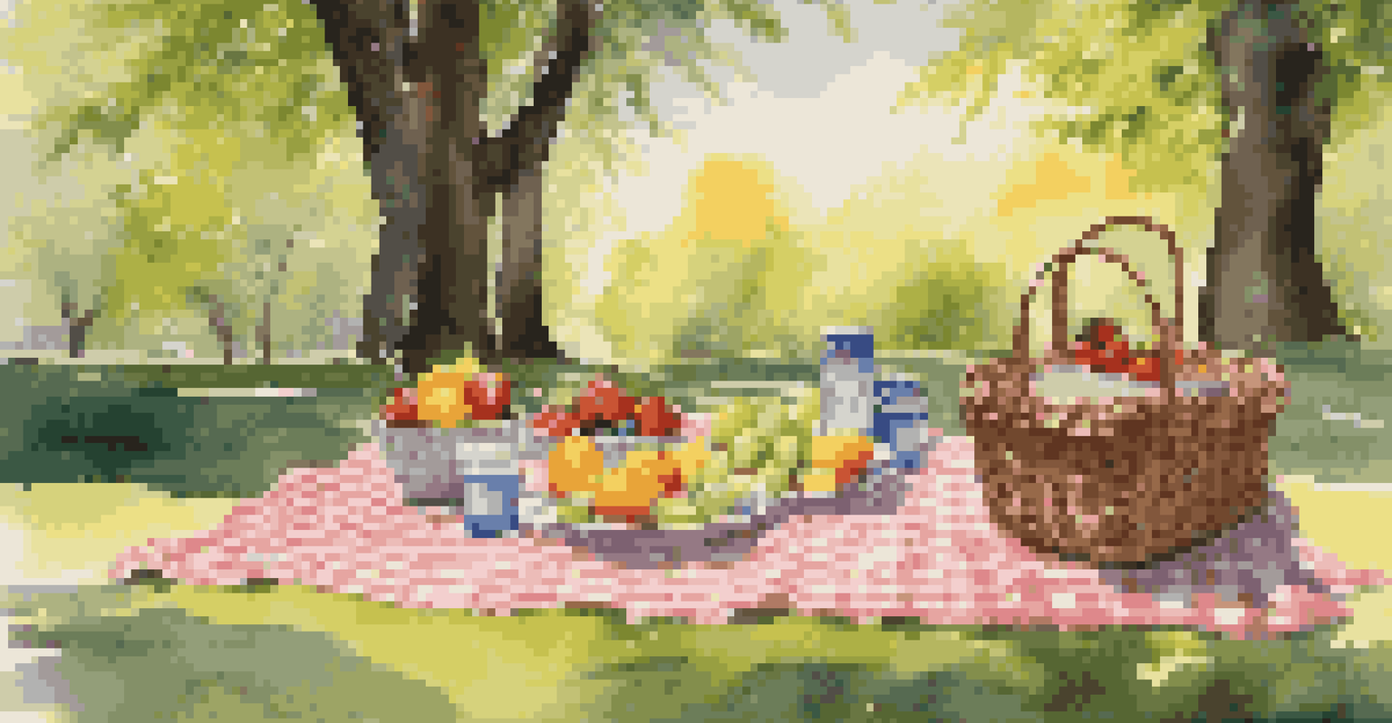 A sunny picnic scene in a park with a checkered blanket and a basket of fresh fruits surrounded by green trees.
