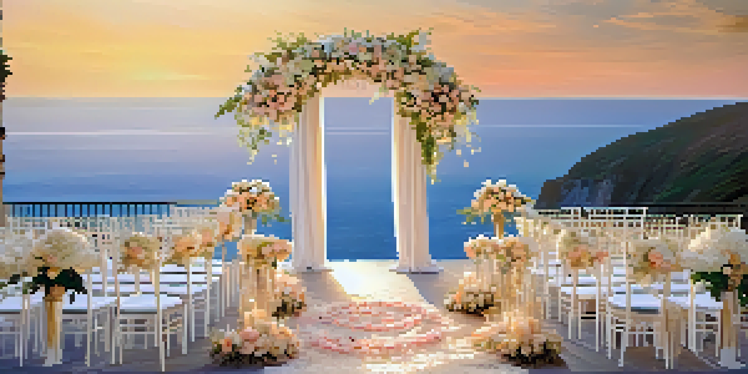 A stunning cliffside wedding ceremony at sunset with elegant white chairs and a floral decorated altar.