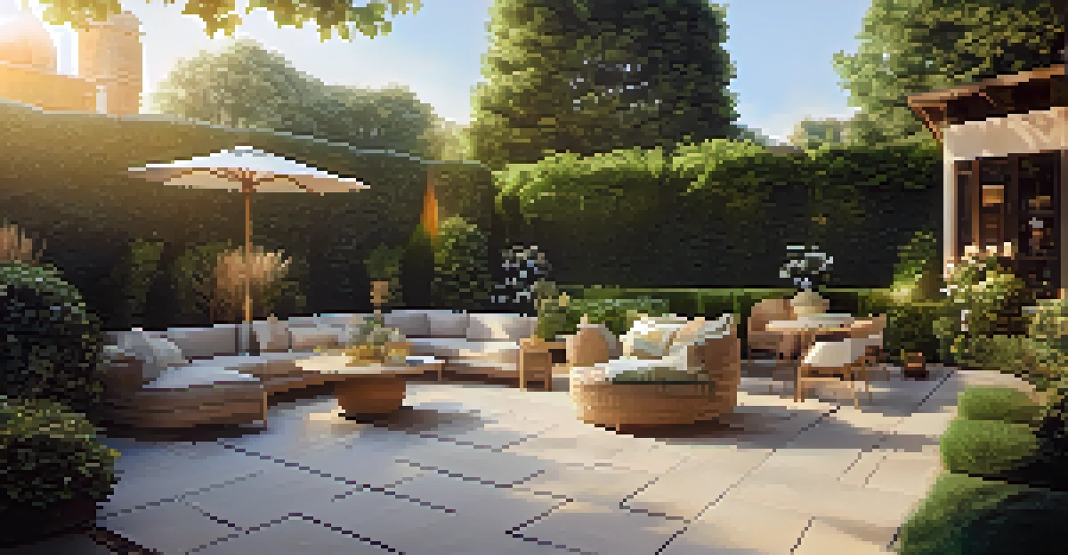 An outdoor patio with modern furniture and a manicured garden, illuminated by warm golden hour light.