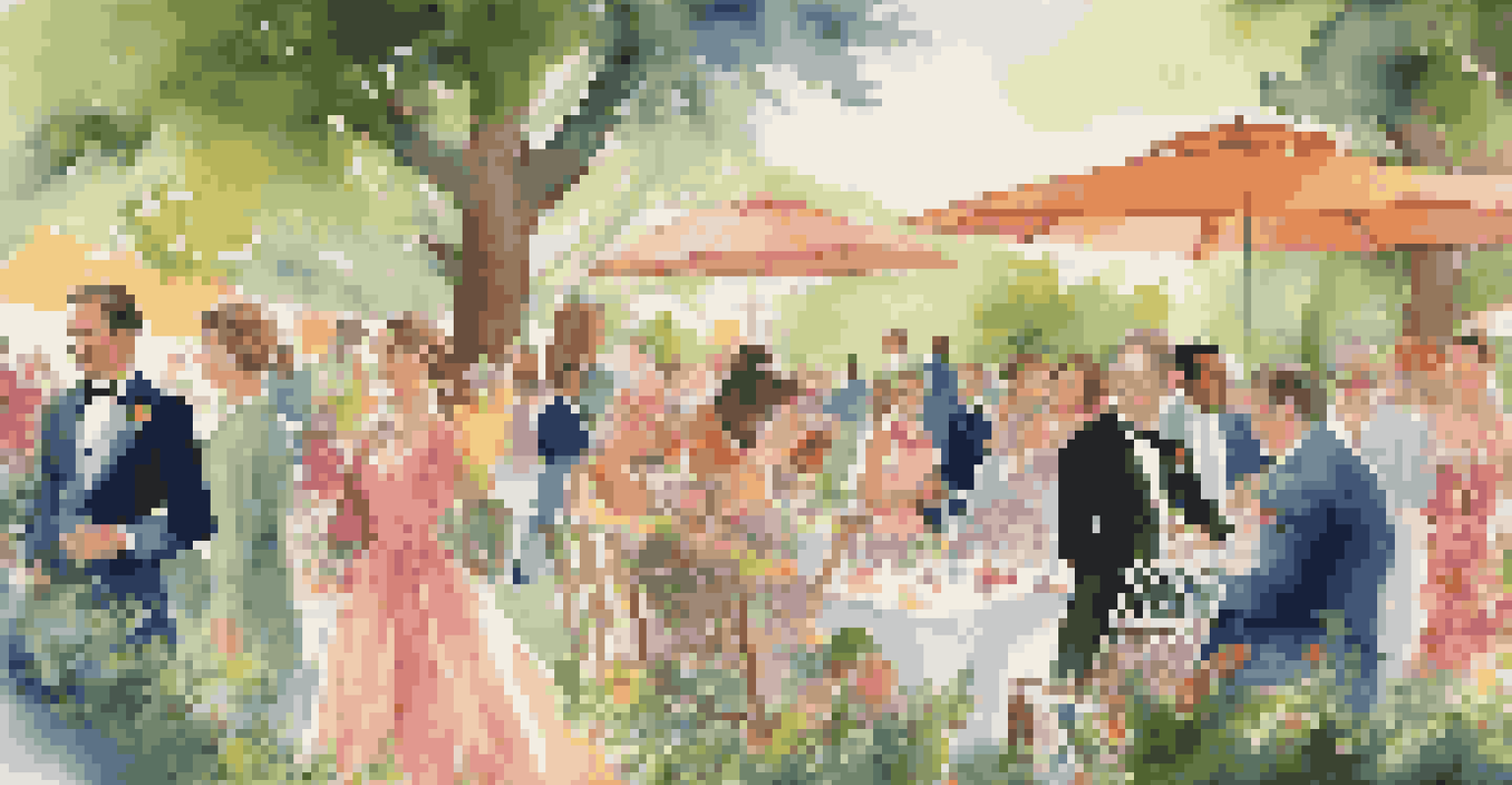 A group of elegantly dressed people at a garden party surrounded by greenery and flowers.