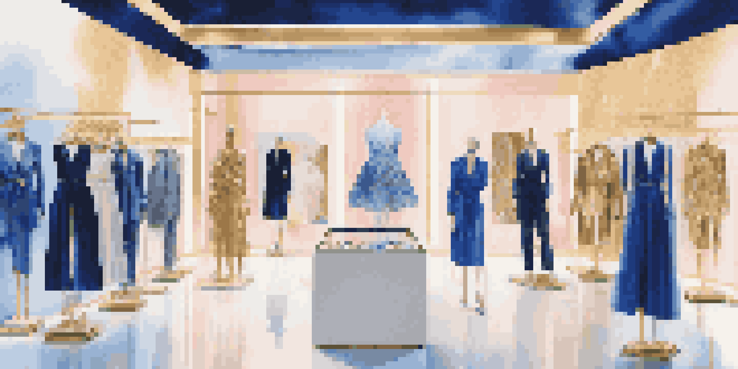 A virtual reality shopping experience displaying high-end fashion in a modern boutique with holographic mannequins and ambient lighting.