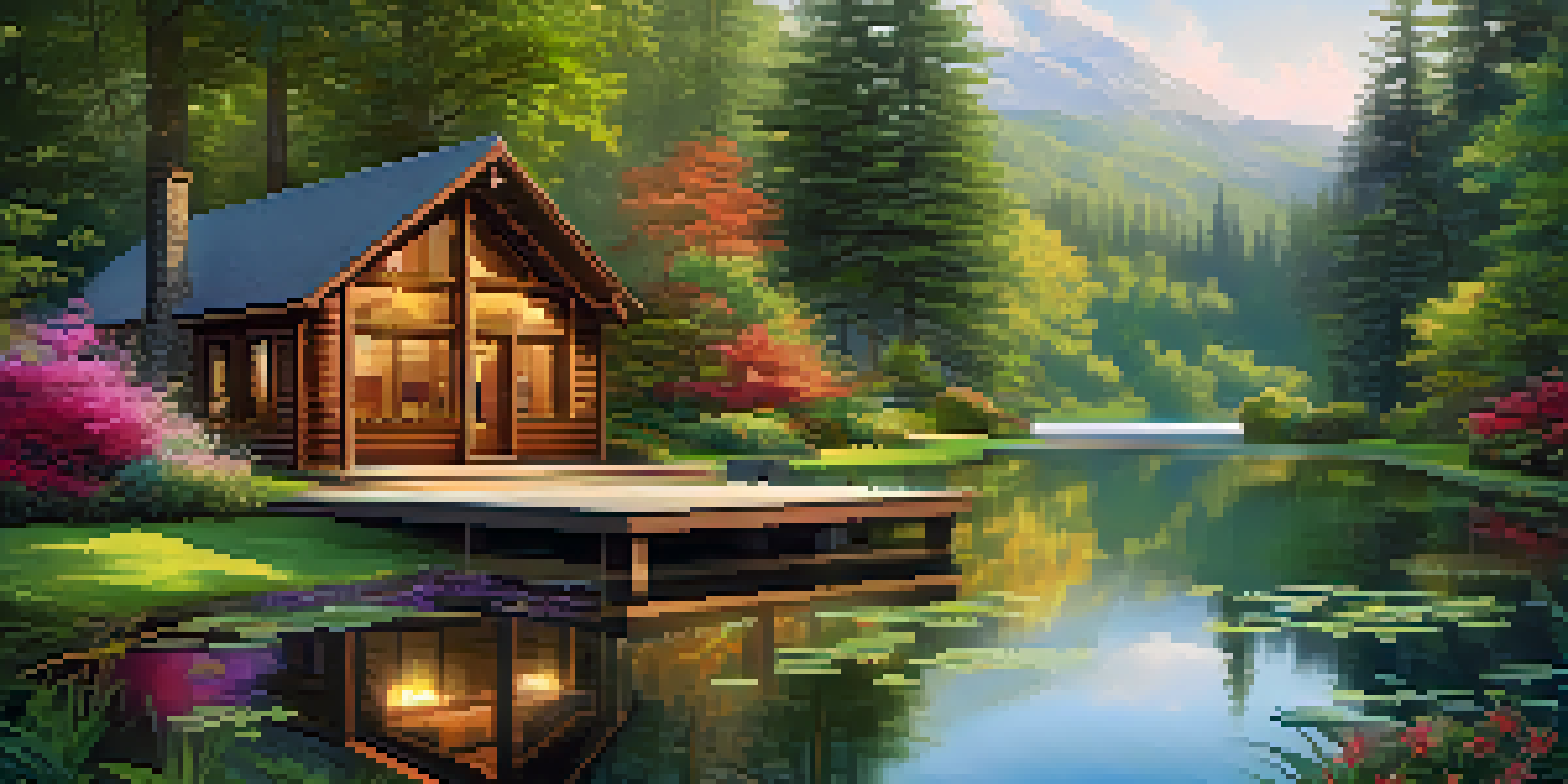 A peaceful wellness retreat surrounded by a lush green forest with a wooden cabin and a tranquil pond.