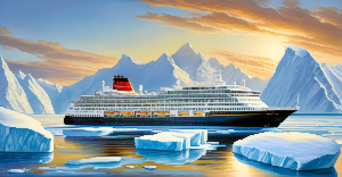 A luxury cruise ship navigating through icy waters with glaciers in the background, passengers enjoying drinks on the deck.