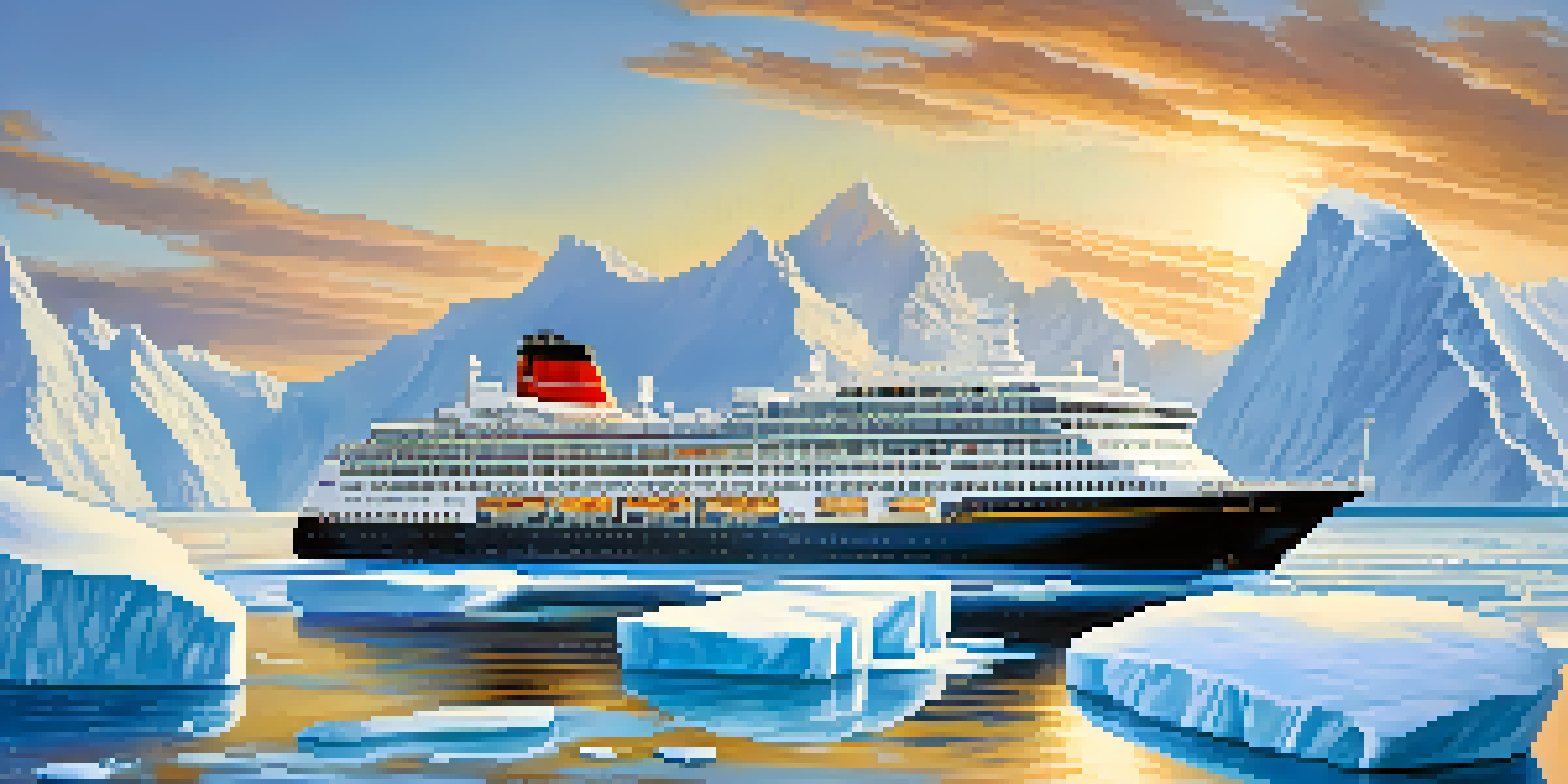 A luxury cruise ship navigating through icy waters with glaciers in the background, passengers enjoying drinks on the deck.