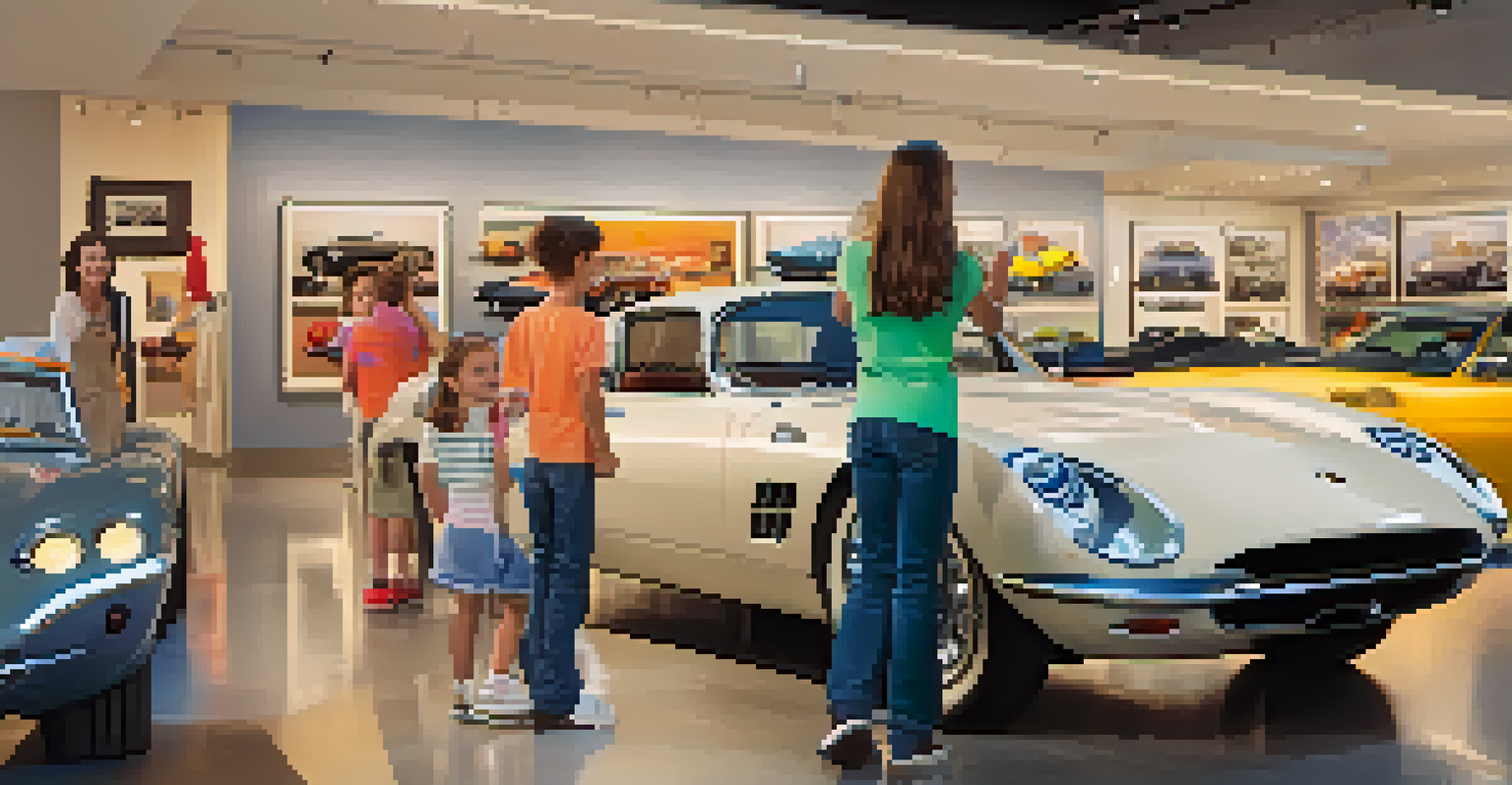 A family participating in a scavenger hunt at a luxury car museum, with children pointing at a sports car and parents reading a touchscreen.