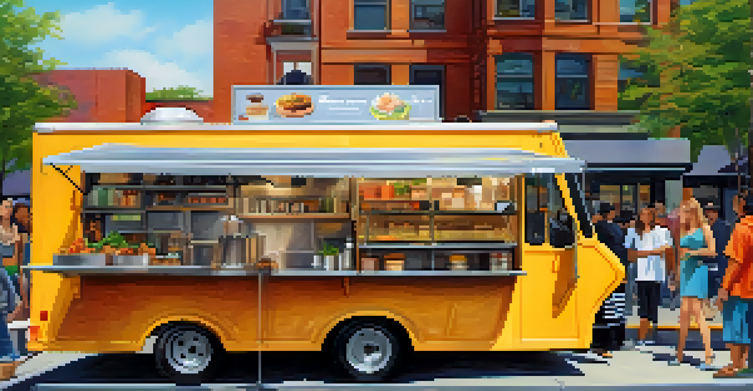 A colorful food truck serving gourmet street food, with a diverse crowd enjoying their meals in an urban setting.