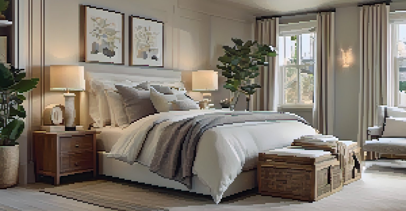 An elegant bedroom with a stylish bed frame and built-in storage, featuring a decorative trunk, illuminated by warm lighting.