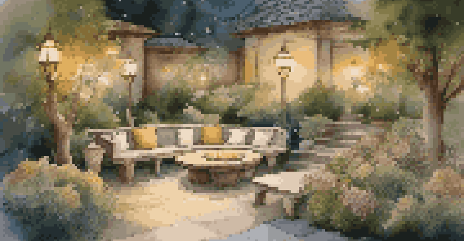 A luxurious garden at dusk with warm lighting, natural stone pathways, blooming flowers, and a cozy wooden seating area, creating a serene atmosphere.