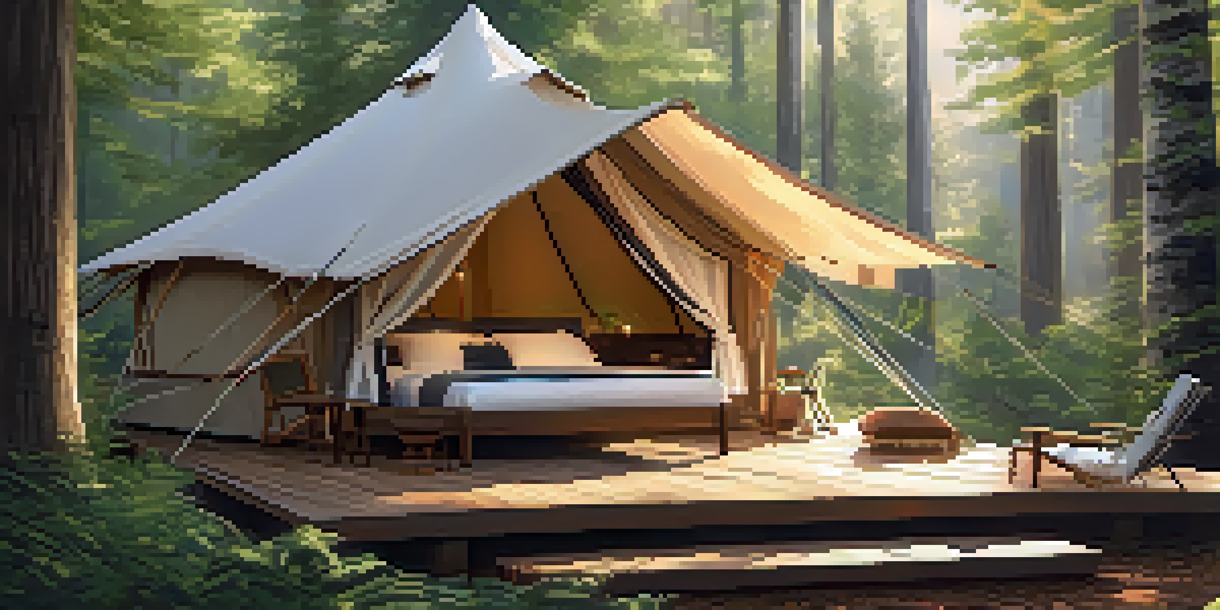 A luxurious glamping tent in a forest setting, featuring a comfortable bed and a deck with a cup of coffee, under soft morning light.