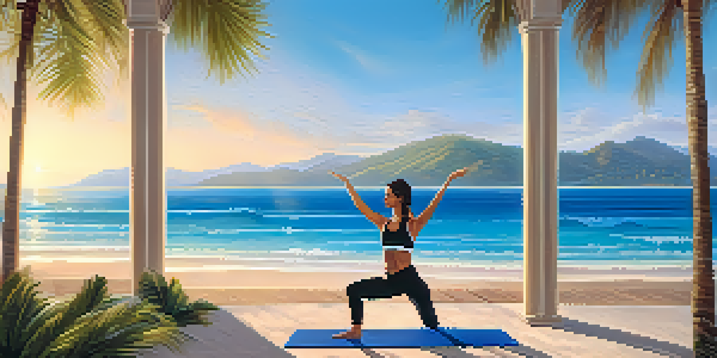 Individuals practicing yoga on a beach at sunrise, surrounded by palm trees and ocean waves.
