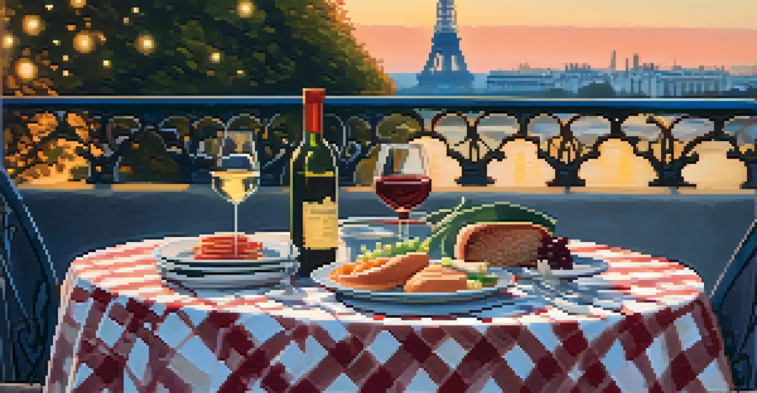 A charming outdoor dining scene in Paris with a table set for two, wine glasses, and gourmet food, with the Eiffel Tower in the background at twilight.