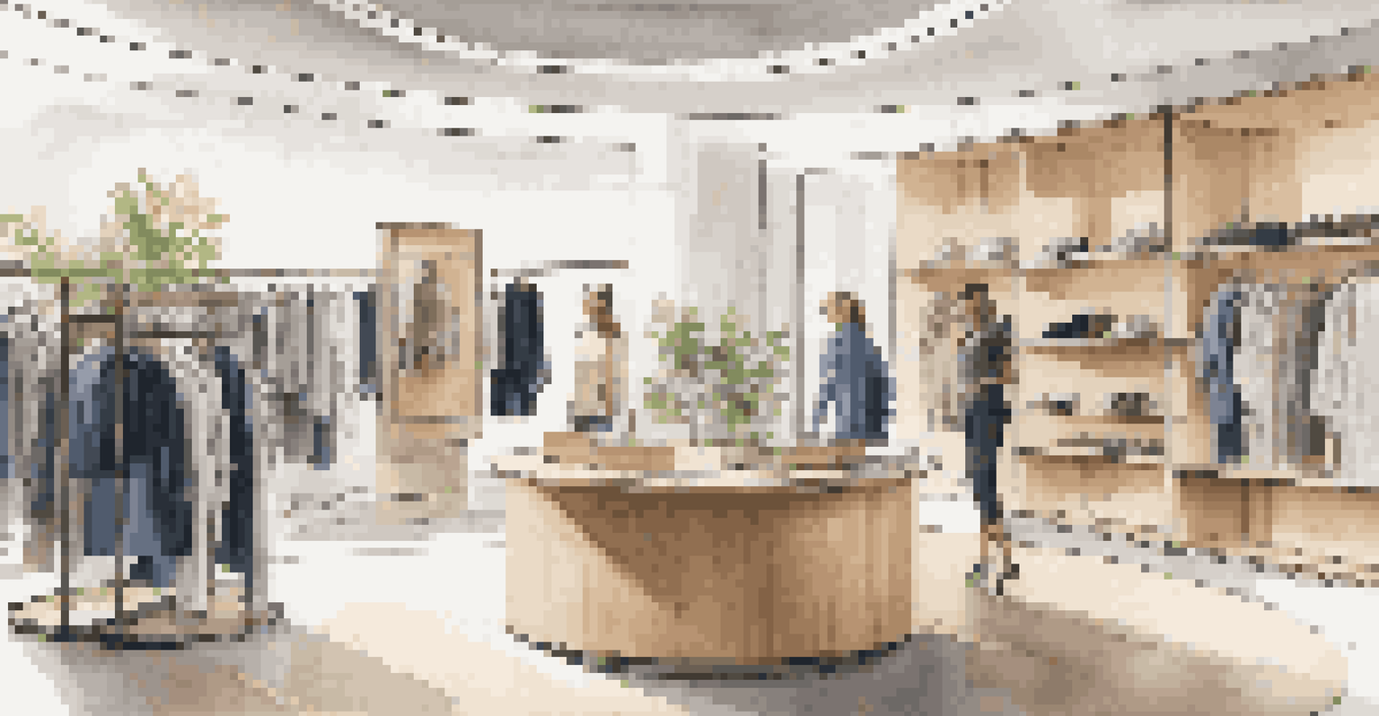 An interior view of a modern boutique displaying luxury clothing with a focus on sustainability and circular fashion.