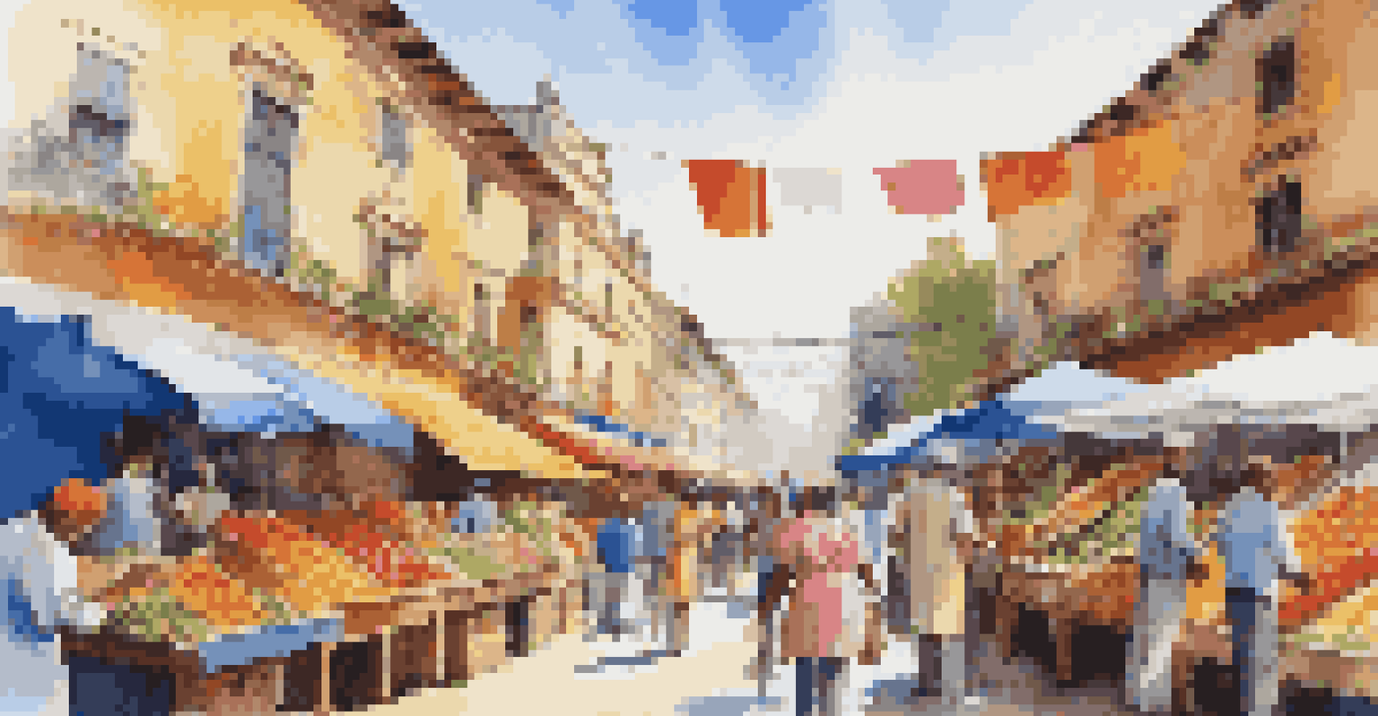 A lively street market with colorful stalls and diverse people shopping under a clear blue sky.
