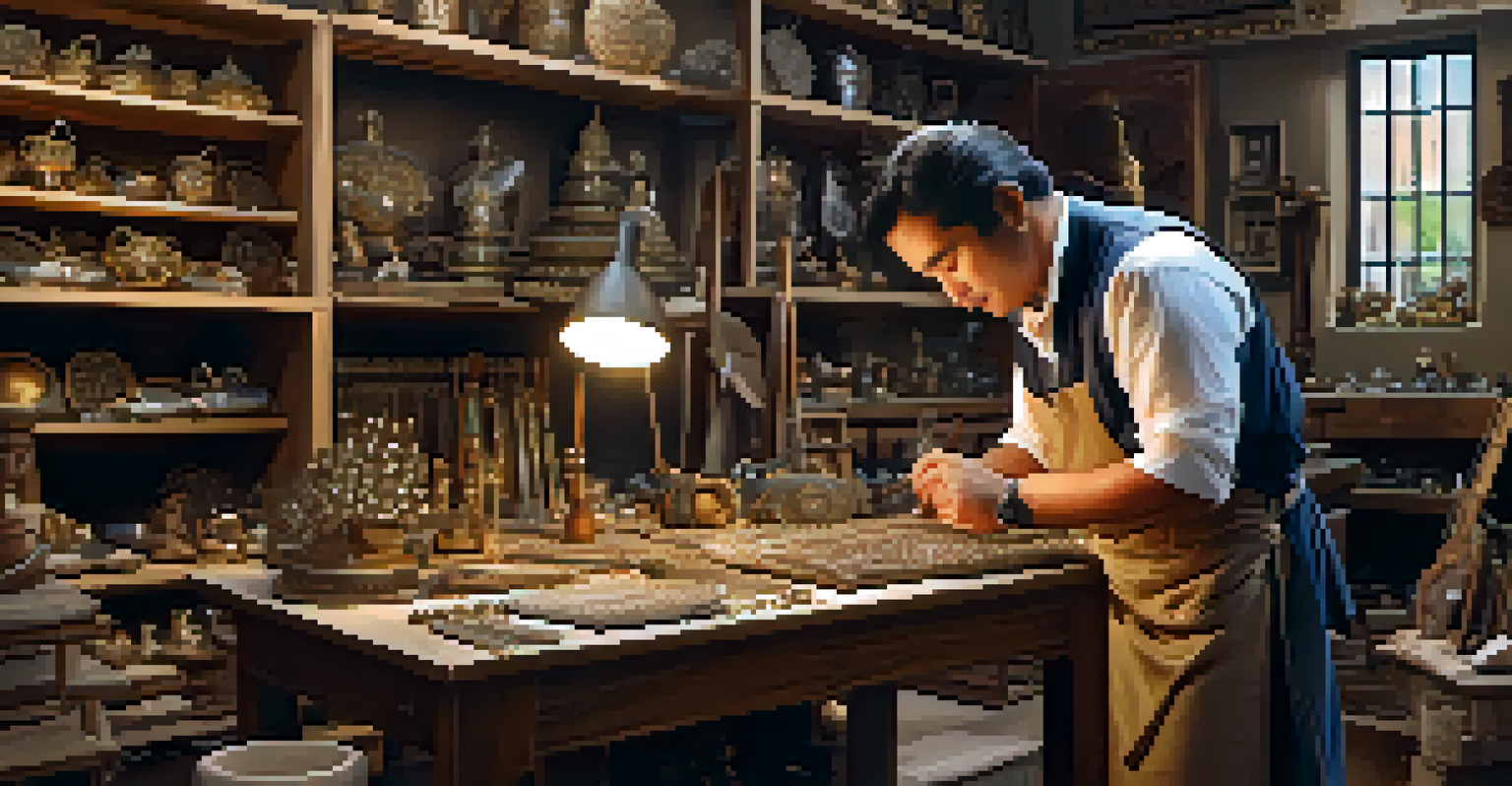 An artisan working in a workshop filled with handcrafted luxury items, illuminated by soft natural light.