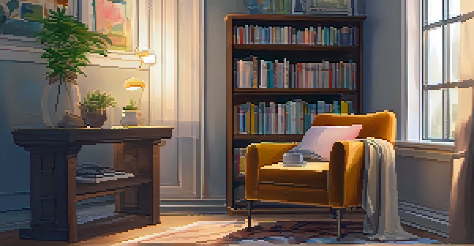 A tranquil reading nook with a plush armchair, soft throw blanket, and warm lamp light creating an inviting atmosphere.