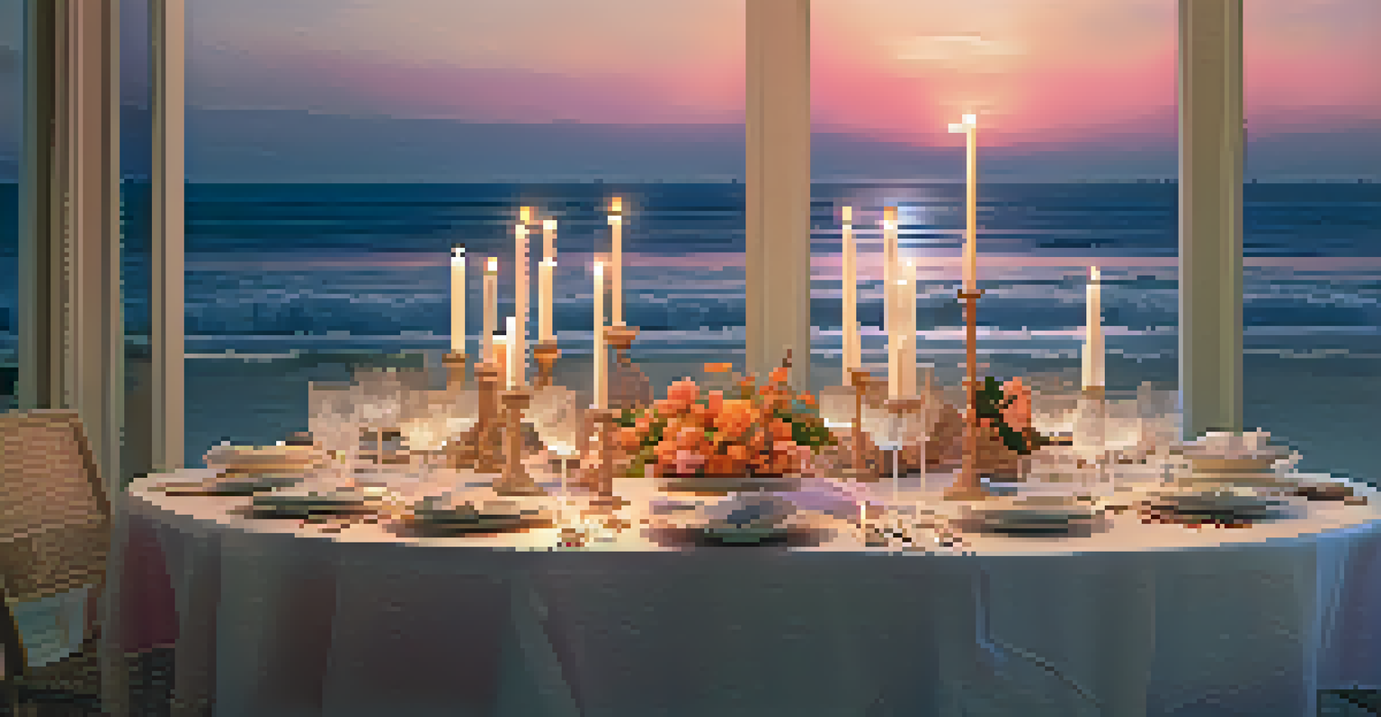 A beautifully set dining table at a beachfront villa during sunset, with candles and ocean waves in the background.