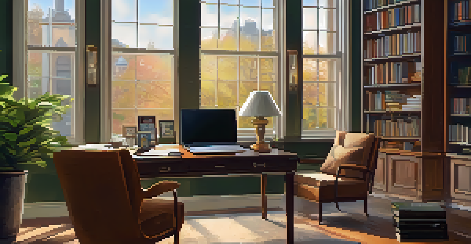 An elegant workspace of a relationship coach with motivational books, a laptop, and a cozy atmosphere filled with natural light.