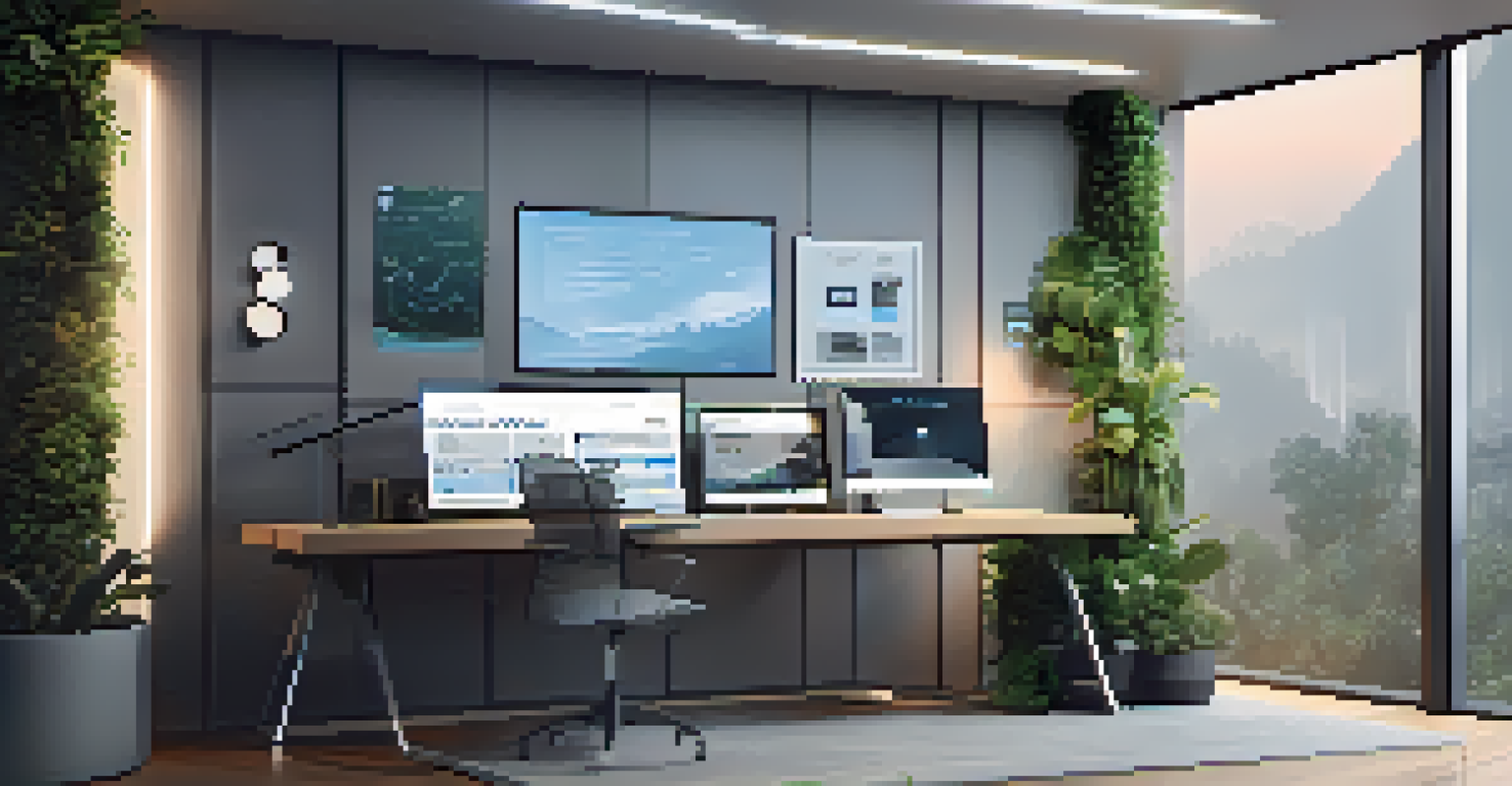 A modern office with smart technology, such as a voice-controlled assistant and automated lights, featuring a height-adjustable desk and a high-definition monitor.