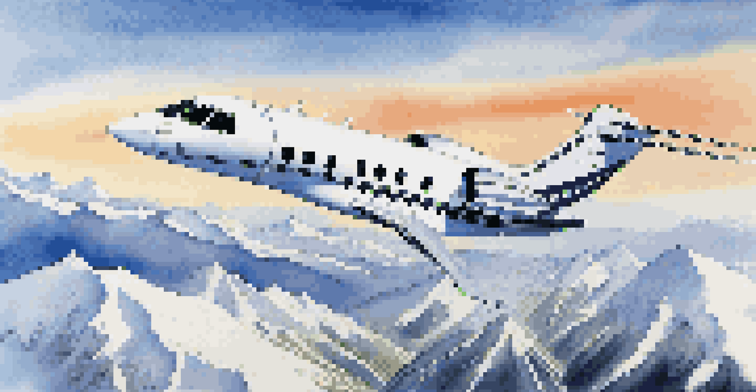 A private jet flying over snow-capped mountains under a bright blue sky.