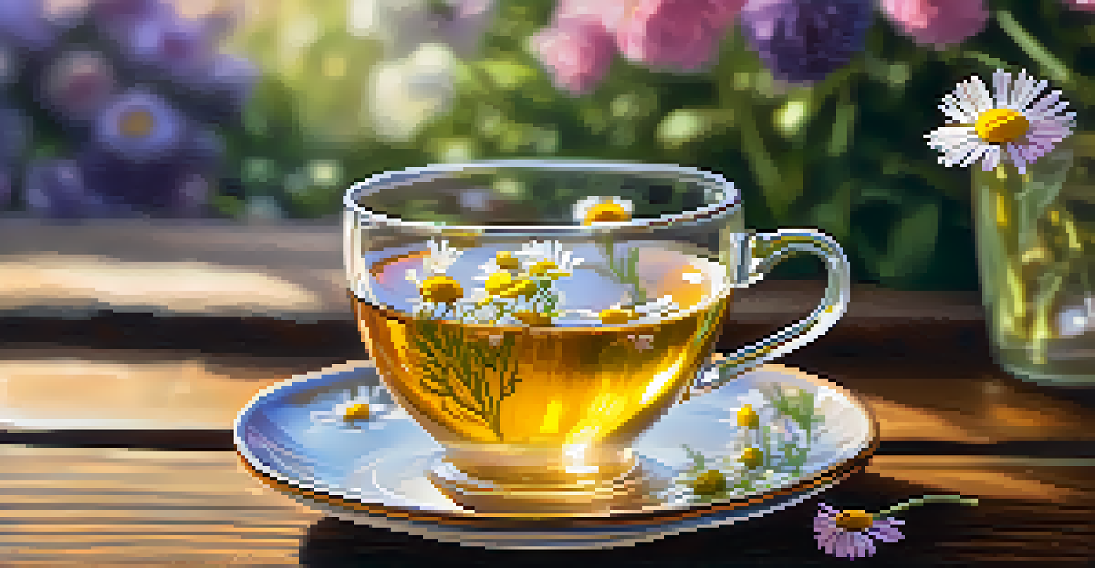A close-up of a glass teacup with floral infusion, featuring chamomile and lavender petals, against a rustic wooden table and blooming garden.
