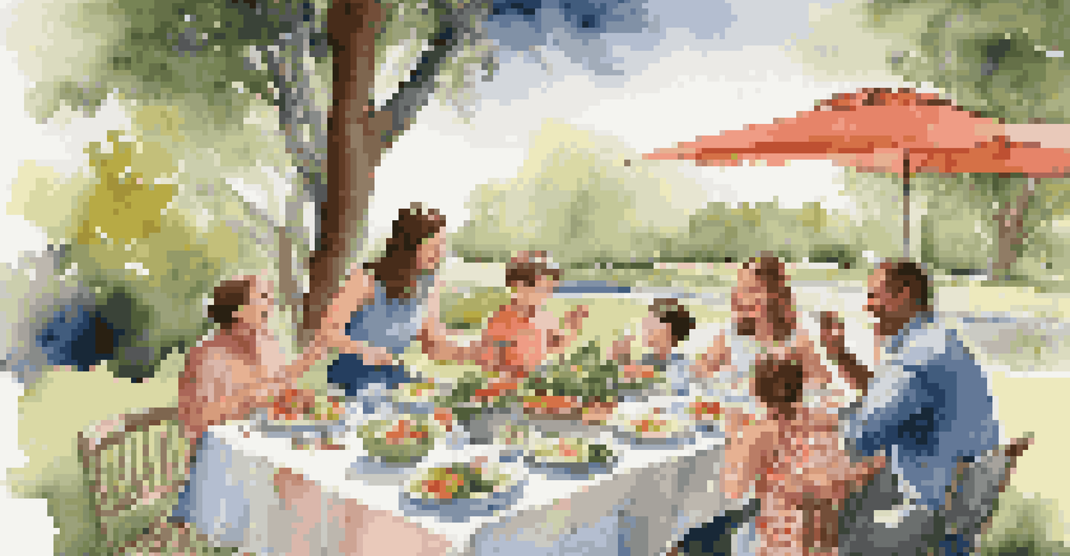 A family gathered around a beautifully set outdoor table enjoying a gourmet meal, surrounded by nature and trees.
