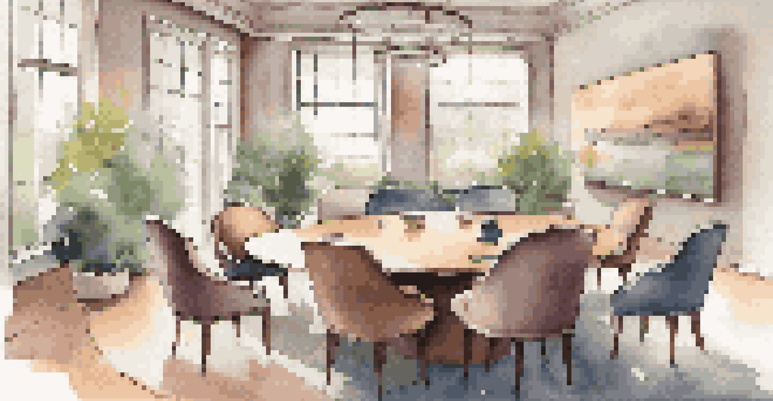 A cozy meeting room with a round table, comfortable chairs, scented candles, and soft textures for a productive atmosphere.