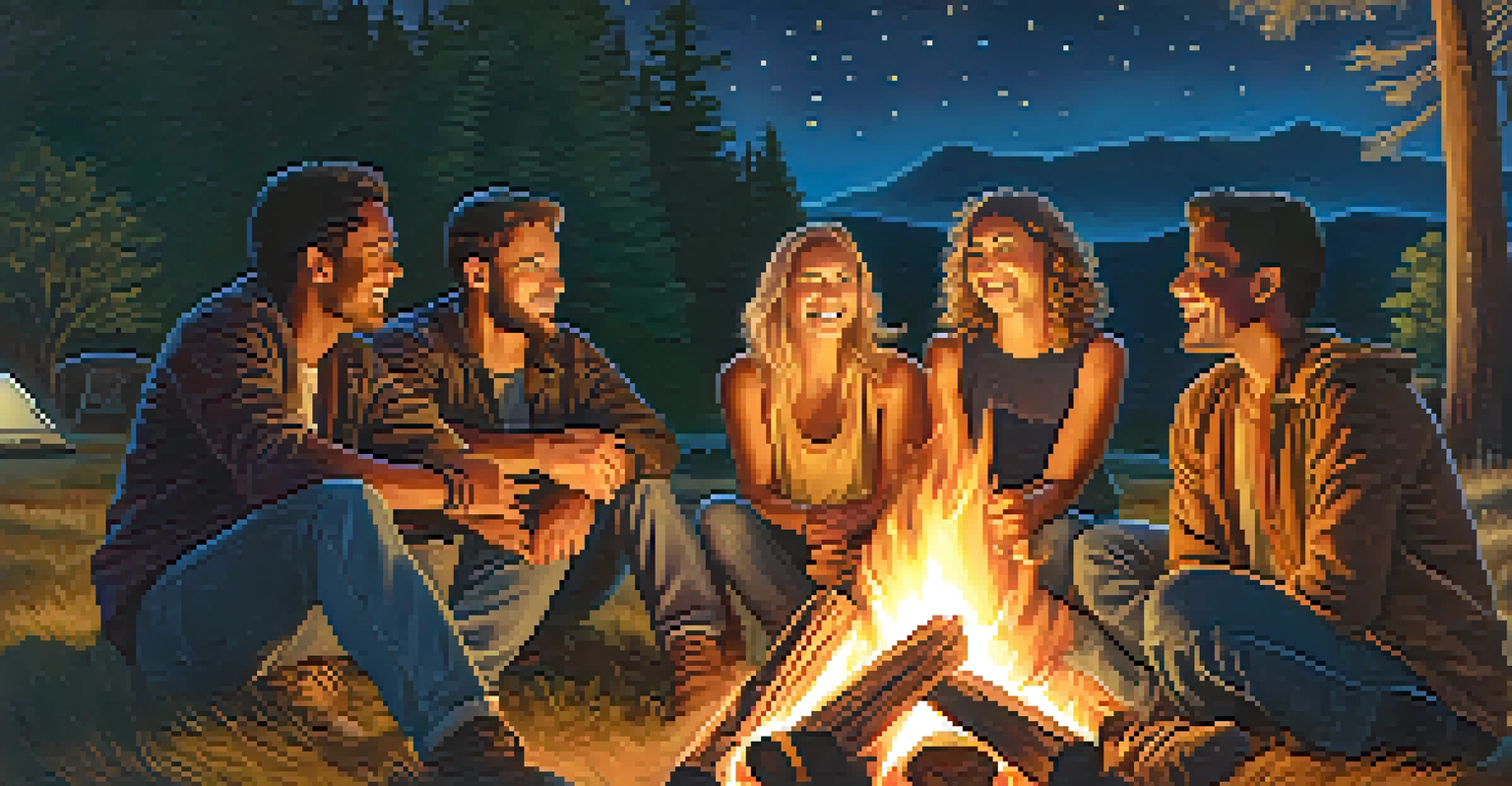 A diverse group of people gathered around a campfire sharing stories, illuminated by the warm glow of the fire against a starry sky.